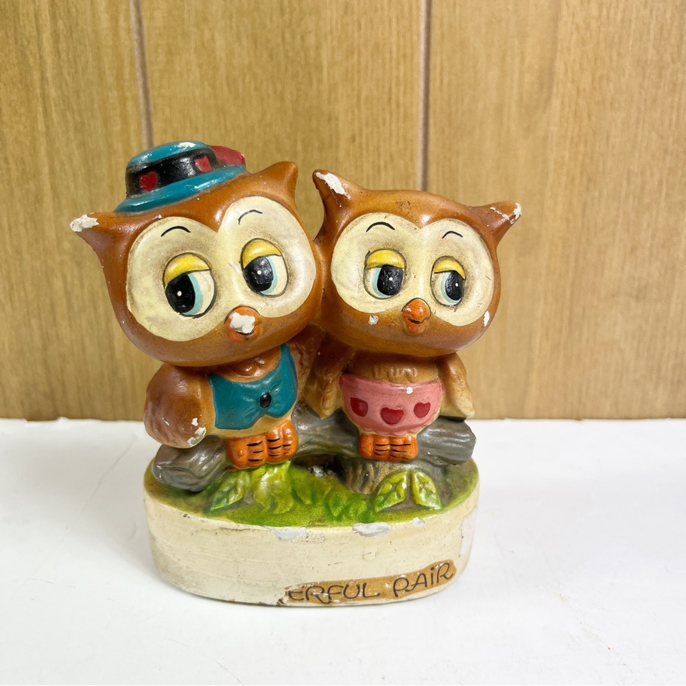 Vintage 70s Owls Ceramic Wonderful Couple Retro Decor 1970s Figurine Kitsch
